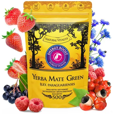 Produktbild von Yerba Mate Green Energy Boost 500g – Brasilianische Yerba Mate mit Guarana, Acai, Erdbeere & Himbeere - Hochwertige luftgetrocknete Mate