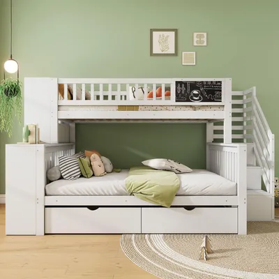 Produktbild von MODFU Etagenbett Kinderbett 90x200cm&140x200cm mit Graffiti-Brett und Aufbewahrungsschränken, Hochbett mit Rausfallschutz, Massivholzbett Stockbett mit Schubladen, Jugendbett Bettgestell, Weiß