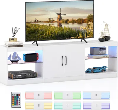 Zdjęcie produktu dla KOMFOTTEU Szafka TV 3 w 1, szafka TV z oświetleniem LED dla telewizorów do 85 cali, stojak TV z regulowanymi szklanymi półkami, niska szafka do salonu, sypialni, 195 x 30 x 55 cm (biały)
