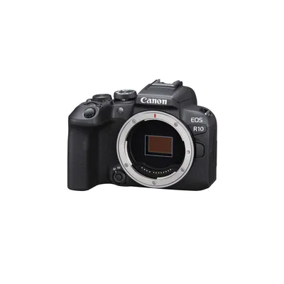 A black Canon EOS R10 mirrorless camera body is shown against a white background.
