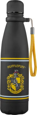 A black water bottle with Hufflepuff branding.