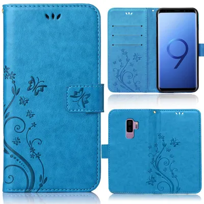 Produktbild von Handy Tasche für Samsung Galaxy S9 Plus Schutz Hülle Handyhülle mit Blumenmuster Klapp Hülle mit Standfunktion und Kartenfächer Blau