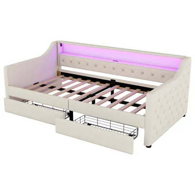 Produktbild von Schlafsofa mit LED-Beleuchtung und Schubladen, 90x200 cm, Polsterbett mit Lattenrost, Einzelbett, Jugendbett, Leinen