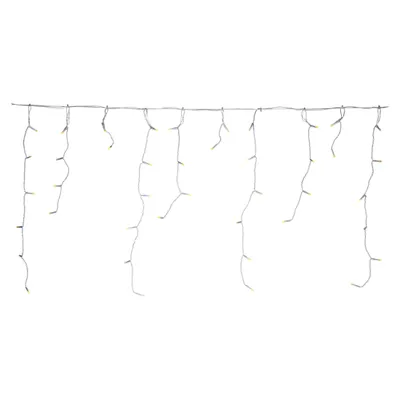 A string of icicle lights against a white background.