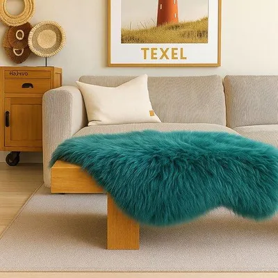 Produktbild von Unyqoos® Texeler Schaffell XL Petrol (110 x 70 cm) – echtes Schaffell, grün‑blau für Stuhl, Sofa oder als Teppich