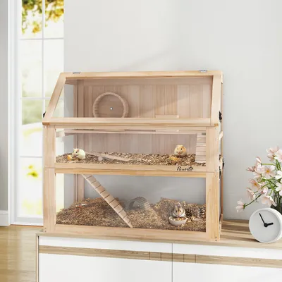 Produktbild von SUGIFT Nagerkäfig mit Laufrad & Nagarium, Hamsterkäfig Holz 3 Etagen, Tannenholz, Naturholz | klappbarer Deckel | 31 cm Bodentiefe | 80 x 50 x 76 cm