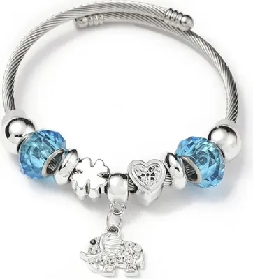 Produktbild von Charm-Armband mit blauen Kunststoffperlen & 10 Symbolanhängern – Edelstahl – wechselbare Designs Elefant