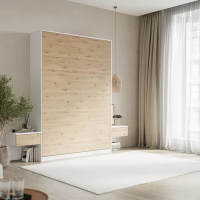 Produktbild von SMARTBett Set 140-Schrankbett Vertikal CLASSIC mit 2 Nachtkonsolen Weiss/Wildeiche