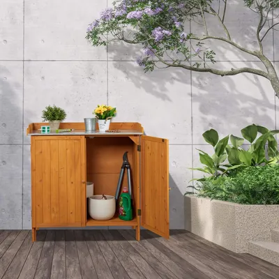 Produktbild von Pflanzbank aus Holz mit Schrank und Zinnplatte