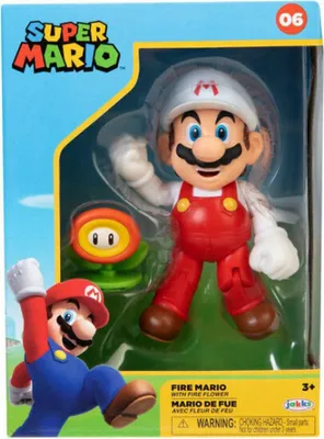 Produktbild von Super Mario Bros: Ohnivý Mario 10 cm s pohyblivými částmi a Super Leaf Power-Up, ve sběratelské krabici s oficiální licencí, ideální pro fanoušky a sběratele