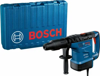 A blue Bosch SDS-Max hammer drill and its blue carrying case are displayed against a white background.