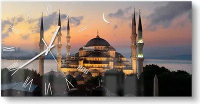 Produktbild von DEQORI Glasuhr 60x30 cm Römisch 'Mondsichel über Moschee' Wanduhr Glas Uhr Design leise