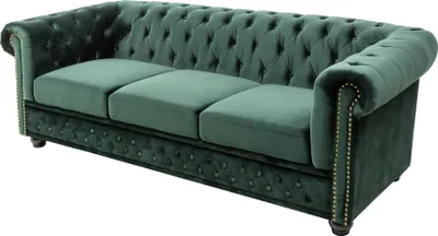 Produktbild von Chesterfield 3er Sofa 205cm flaschengrün Samt mit Knopfheftung und Federkern
