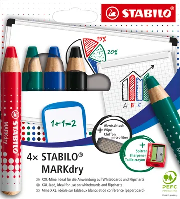 Produktbild von STABILO MARKdry, 4 Stück(e), Schwarz, Blau, Grün, Rot, Mehrfarbig, Rund, Holz, 1 cm