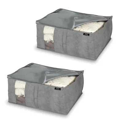 Produktbild von 2x Aufbewahrungstasche für Bettdecken Grau 55x45x25 cm mit Reißverschluss Atmungsaktiv Decken Bettwäsche Aufbewahrungsbox Organizer