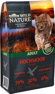 Produktbild von Dehner Wild Nature Katzenfutter Hochmoor, Trockenfutter getreidefrei, für ausgewachsene Katzen, Ente, 1.5 kg