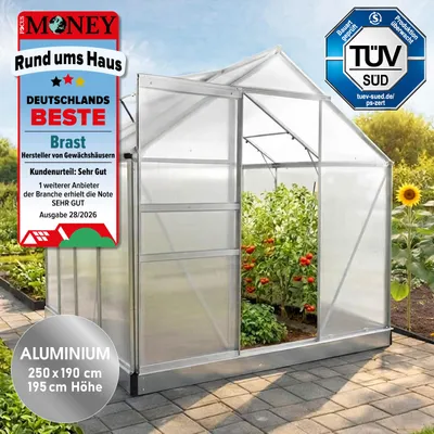 Produktbild von BRAST Gewächshaus Aluminium mit Fundament | 250x190x195cm | 6mm Hohlkammerplatten | rostfrei wetterfest temperaturbeständig | Silber