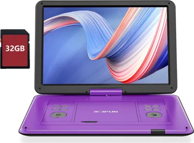 Obrázek produktu pro Přenosný 17,5'' DVD přehrávač s otočným 15,6'' HD CD přehrávačem, dobíjecí baterie na 6 hodin, synchronizovaná TV, formát pro více disků, fialový, 32 GB