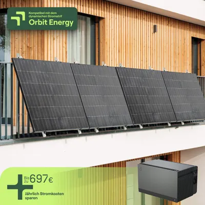 Produktbild von Balkonkraftwerk für Balkon mit 4 Modulen & Speicher Avocado Orbit M (2,11 kWh) - 5m Anschlusskabel - priBalcony Quattro