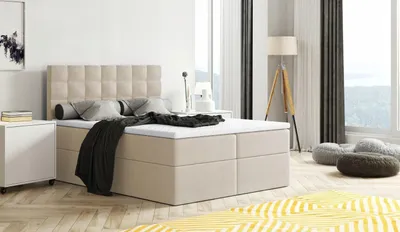 Produktbild von Bett, Boxspringbett MERA mit Bettkästen und T25 Topper, Doppelbett, Stauraum, Schlafzimmer, Polsterbett, Bettgestell (160x200, Beige - Aura 01)