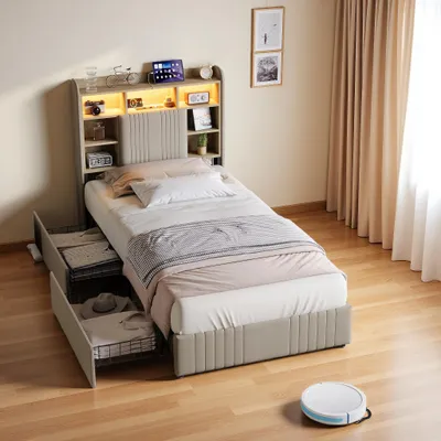 Zdjęcie produktu dla Łóżko tapicerowane ProximaX 90x200 cm z portami USB i Type-C, łóżko z listwowym stelażem i 2 szufladami, łóżko pojedyncze z oświetleniem LED, łóżko młodzieżowe z miejscem do przechowywania, kolor lnu, szare