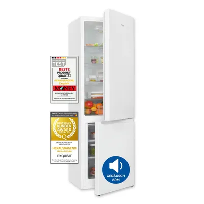 A white refrigerator with its doors open, displaying food items inside. It is accompanied by several award badges and a sound icon.