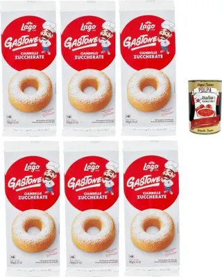 Produktbild von Lago 1968, Le Merende di Ciambelle zuccherate 6x 180g, Donuts mit Zucker, Einzeln verpackte, weiche Snacks, ohne Palmöl + Italian Gourmet polpa 400g