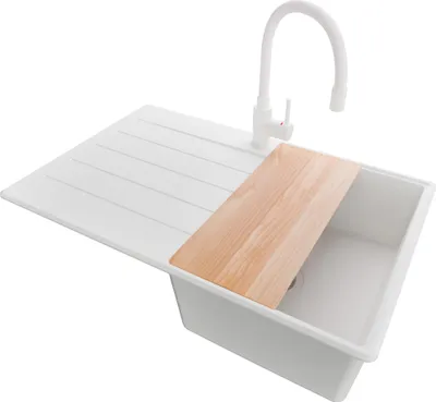Produktbild von PRIMAGRAN Granitspüle Alles Weiß 78x50cm, Spülbecken 1 Becken + Ablauf-Set + Küchenzubehörset, Küchenspüle ab 45er Unterschrank - Kopenhagen