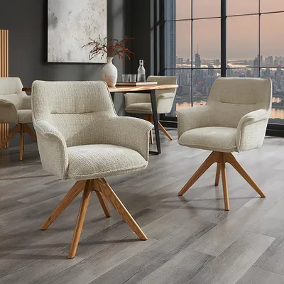 Produktbild von riess-ambiente Drehbarer Stuhl LE GRAND beige Chenille natur Eiche Massivholz mit Armlehne Esszimmerstuhl Essstuhl Drehstuhl