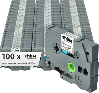 Produktbild von vhbw 100x Schriftband-Kassette kompatibel mit Brother PT ST-5, RL-700S, P700 Etiketten-Drucker 8m x 12mm Schwarz auf Weiß