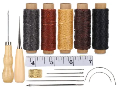 Leder-Nähset mit 5 Wachsfadenrollen, Ahle & Fingerhut