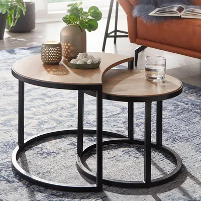 Image de FineBuy Table basse set de 2 en bois massif de manguier rond naturel - Table de salon d'appoint avec piètement métallique noir - Tables gigognes au design industriel