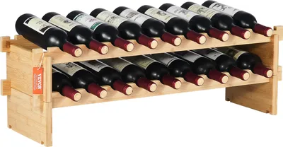 A two-tier wooden wine rack filled with wine bottles, shown from a slightly elevated front-left angle.