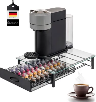 Immagine prodotto di portacapsule eluno per 40x Nespresso Vertuo, cassettiera, supporto per macchina in metallo e vetro, contenitore per capsule di caffè, dispenser di capsule di circa 33,5 x 9 x 41 cm (L/A/D), vetro trasparente