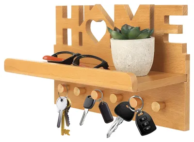 Produktbild von Schlüsselbrett mit Ablage und 6 Schlüsselhaken aus Holz für Flur und Büro