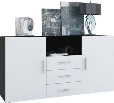 Produktbild von Vladon Sideboard Skadu, Kommode mit 2 Türen, 3 Schubladen und 1 offenem Fach, Schwarz matt/Weiß matt (138,5 x 71,5 x 35 cm)
