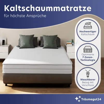 Produktbild von AquaFlex - 16cm 7-Zonen Kaltschaummatratze - H2&H3 - (90 x 200 cm) - Träumegut24