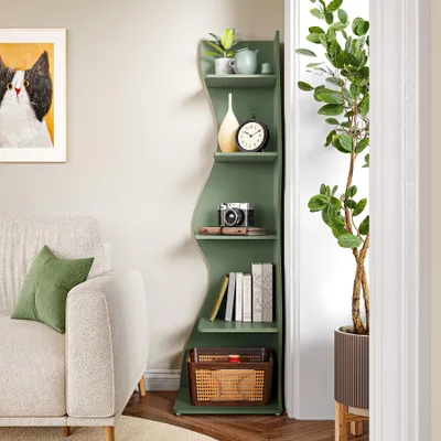 Produktbild von LITTLE TREE Kleines Eckregal, modernes 5-stufiges Wand-Eckregal, stilvolles Bücherregal für kleine Räume, Wohnzimmer, Schlafzimmer, Grün