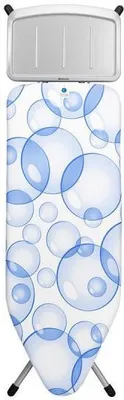 A Brabantia ironing board with a bubble pattern cover, shown standing upright against a white background.