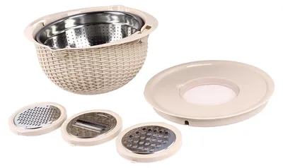 Image de Saladier-passoire 4 en 1 avec outils de découpe, passoire rotative, 2 niveaux, acier inoxydable, poignée ergonomique, saladier polyvalent pour le lavage des légumes, beige