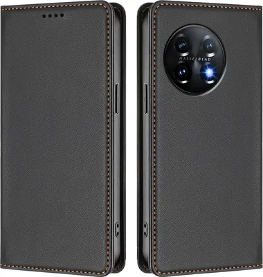 Image de Étui en cuir pour OnePlus 11, étui à rabat magnétique en cuirPolyuréthaneavec support, noir
