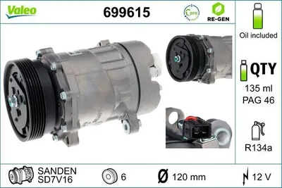 Produktbild von VALEO 699615 SD7V16 Klimaanlage Klimakompressor PAG 46 R134a für VW Golf IV Schrägheck (1J1) GOLF III (1H1) SHARAN (7M8, 7M9, 7M6) Polo Schrägheck
