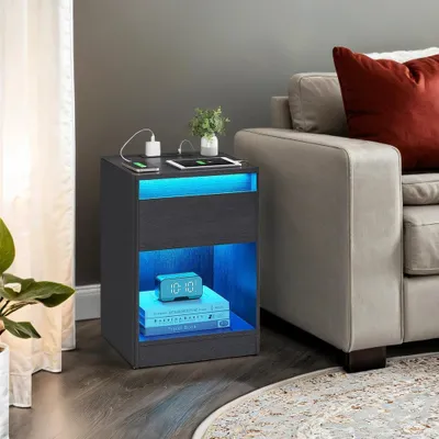 Obrázok produktu pre Nočný stolík s nastaviteľným LED osvetlením, zásuvkou a 2 zásuvkami | Čierna farba | 40,1 x 35,1 x 55,1 cm