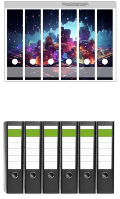 Produktbild von Wallario 6 Stück breite Ordner inkl. Klebeetiketten mit Motive Leuchtende Pixelstadt -  Set mit Rückenschildern / Ordnerrücken Stickern