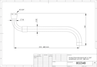Produktbild von ASW Auslauf 802348 3/4" x 280-480 mm, Messing verchromt, ausziehbar, flach dichtend