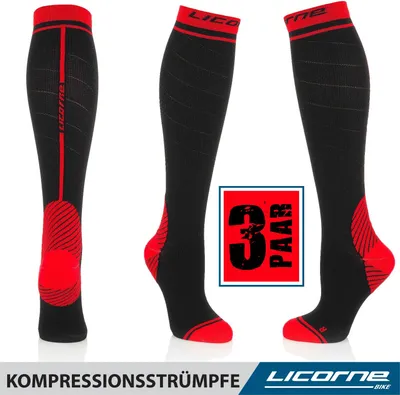 Produktbild von Licorne Kompressions-Thrombose-Stütz-Strümpfe Damen und Herren Compression Socks für Sport Flug Laufen Reisen, Farbe:Schwarz-Rot (3 Paar), Größe:39-42