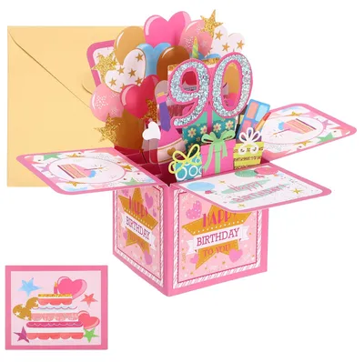 3D-Pop-up-Geburtstagskarte 90. Geburtstag, rosa, mit Umschlag