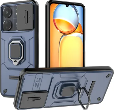 Image de Étui pour Xiaomi Redmi 13C 4G/Poco C65 étui double couche avec protection coulissante de l'appareil photo et support d'anneau, stand bleu