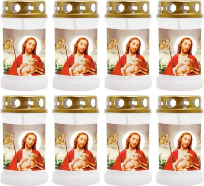 Image de Cierge funéraire - Lot de 8 - Blanc 40h ( couvercle doré ) - Jésus avec l'agneau