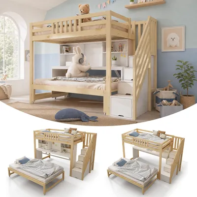 Produktbild von Kinder-Etagenbett 90x200+90x190, Holz, Ausziehbett auf Rollen, Schreibtisch, Treppenschrank, Regal, EN747